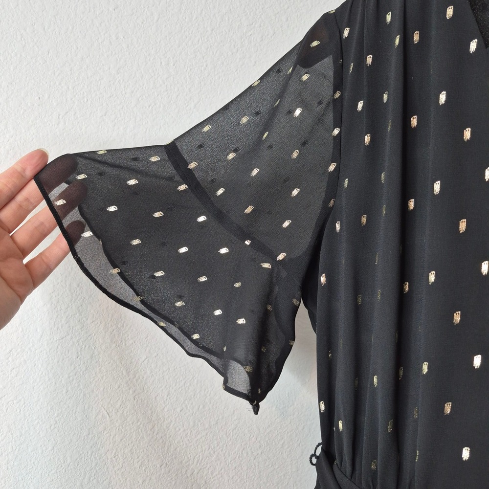 White House Black Market Black Gold Metallic Clip Dot Flutter Sleeve Dress 4